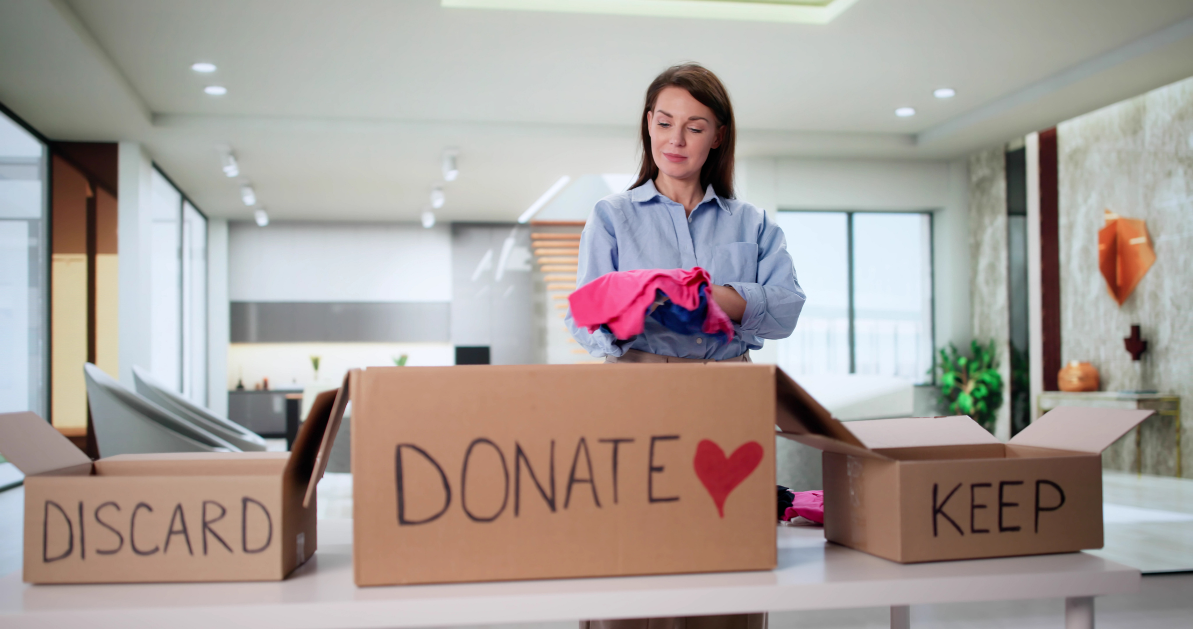 Professional organizer labeling and sorting items, representing BoldBids Houston downsizing services, estate sales, and probate‑related support